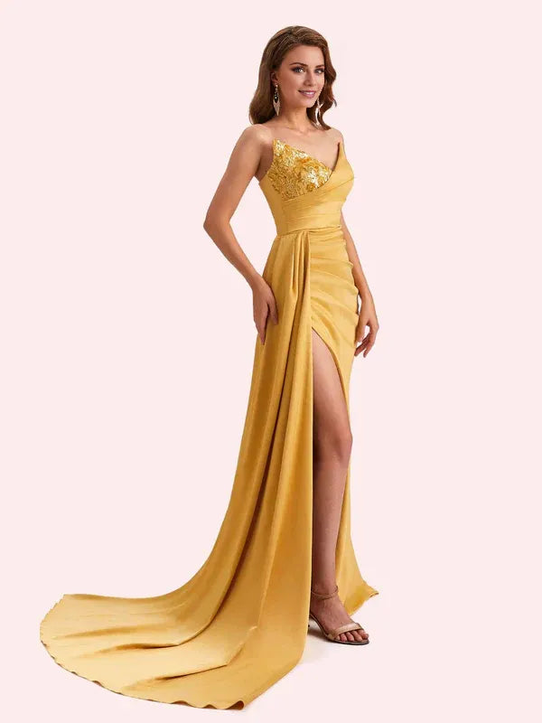 Robe Weitese sexy sirène col en V fente latérale sans bretelles robe longue en satin doux robe de demoiselle d'honneur pour robe de bal de mariage